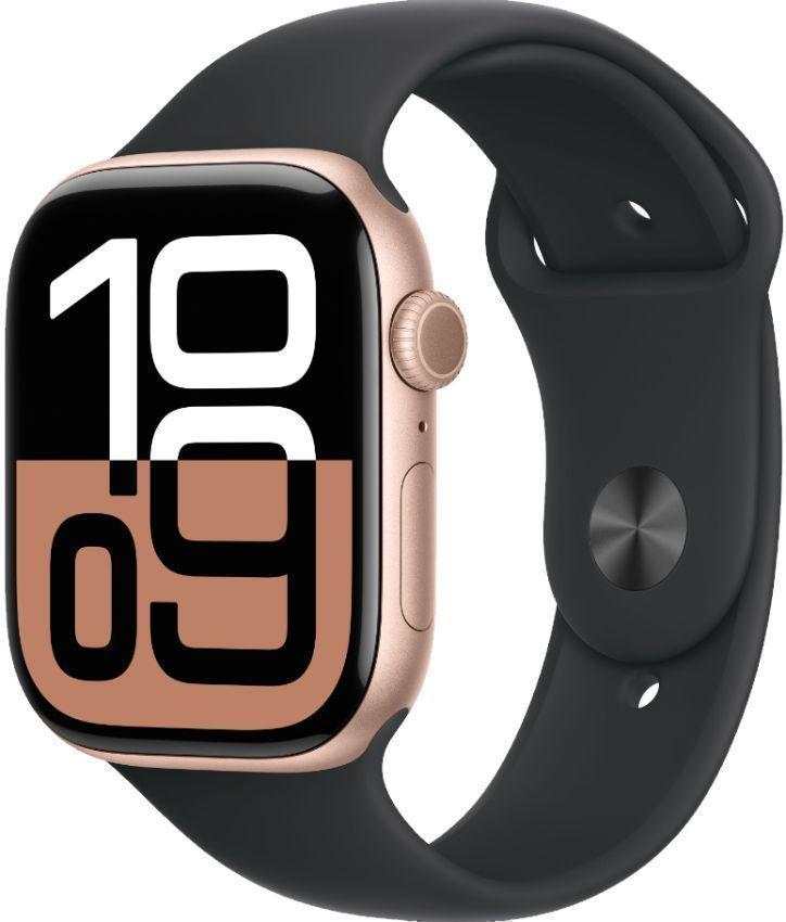 Apple Watch Series 10 (Cellular + GPS) - 64GB - 46mm - Rose Gold Aluminum Case with Black Rubber Sport Band - One Size