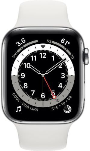 Apple Watch Series 6 (Cellular + GPS) - 32GB - 44mm - Silver Stainless Steel Case with White Rubber Sport Band