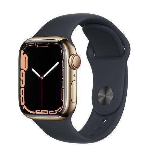 Apple Watch Series 7 (Cellular + GPS) - 32GB - 45mm - Gold Stainless Steel Case with Midnight Rubber Sport Band