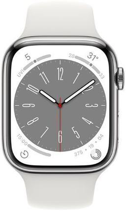 Apple Watch Series 8 (Cellular + GPS) - 32GB - 45mm - Silver Stainless Steel Case with White Stainless Steel Sport Band