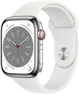 Apple Watch Series 8 (Cellular + GPS) - 32GB - 45mm - Silver Stainless Steel Case with White Stainless Steel Sport Band