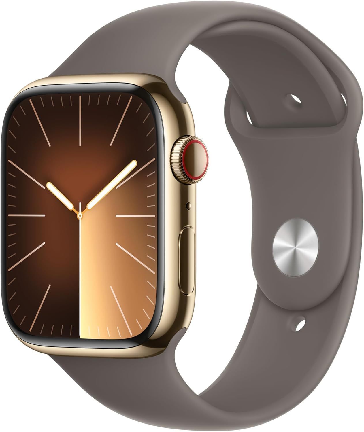 Apple Watch Series 9 (Cellular + GPS) - 64GB - 45mm - Gold Stainless Steel Case with Clay Rubber Sport Band - One Size