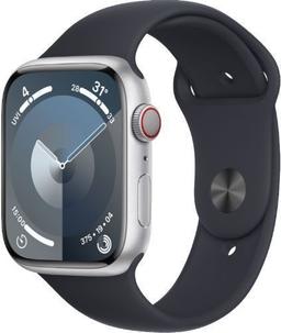 Apple Watch Series 9 (Cellular + GPS) - 64GB - 45mm - Silver Aluminum Case with Midnight Rubber Sport Band - Medium/Large Size