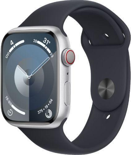 Apple Watch Series 9 (Cellular + GPS) - 64GB - 45mm - Silver Aluminum Case with Midnight Rubber Sport Band - Medium/Large Size