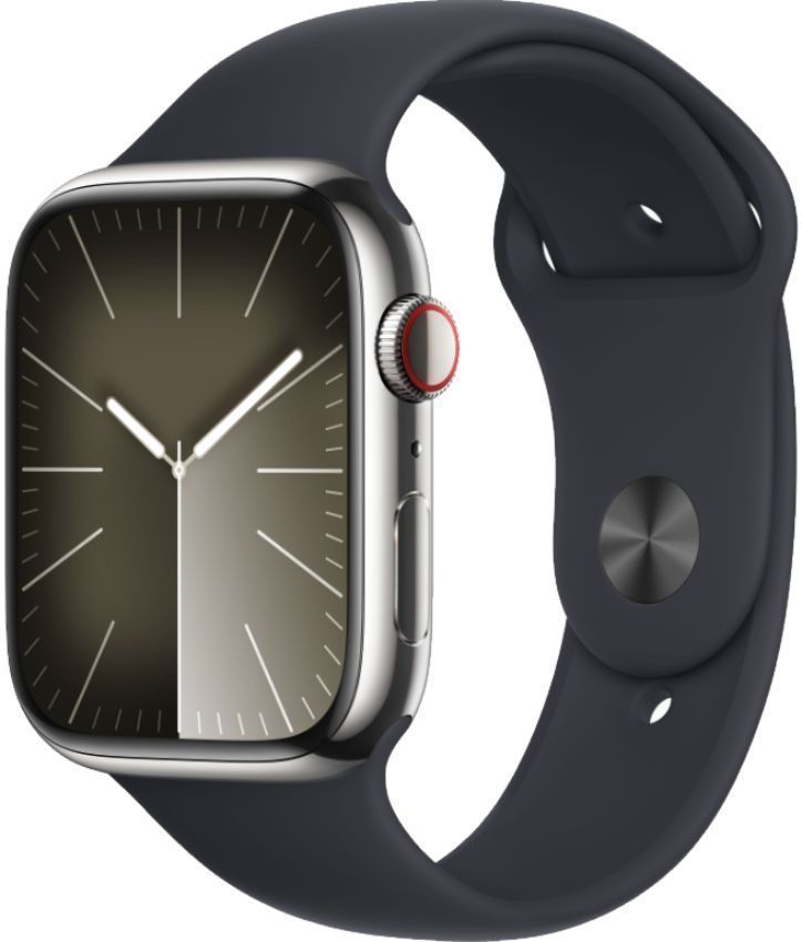 Apple Watch Series 9 (Cellular + GPS) - 64GB - 45mm - Silver Stainless Steel Case with Midnight Rubber Sport Band - Medium/Large Size