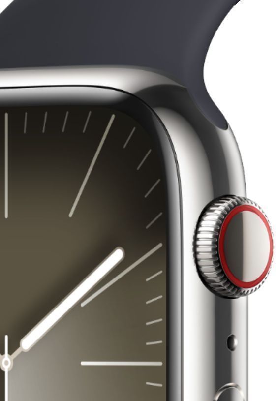 Apple Watch Series 9 (Cellular + GPS) - 64GB - 45mm - Silver Stainless Steel Case with Midnight Rubber Sport Band - Medium/Large Size