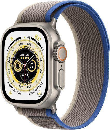 Apple Watch Ultra (Cellular + GPS) - 32GB - 49mm - Titanium Titanium Case with Blue/Gray Rubber Trail Loop Band - One Size