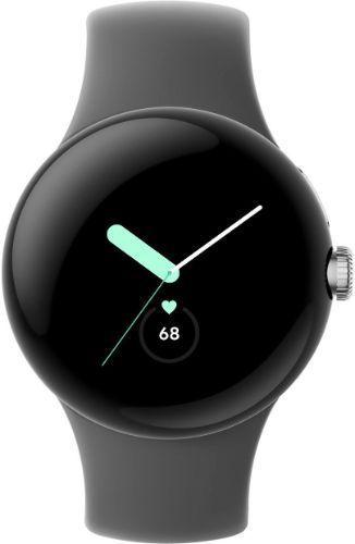 Google  Pixel Watch 1 - 32GB - Bluetooth - 41mm - Polished Silver - Stainless Steel - Charcoal - Active Band - Fluoroelastomer - Excellent