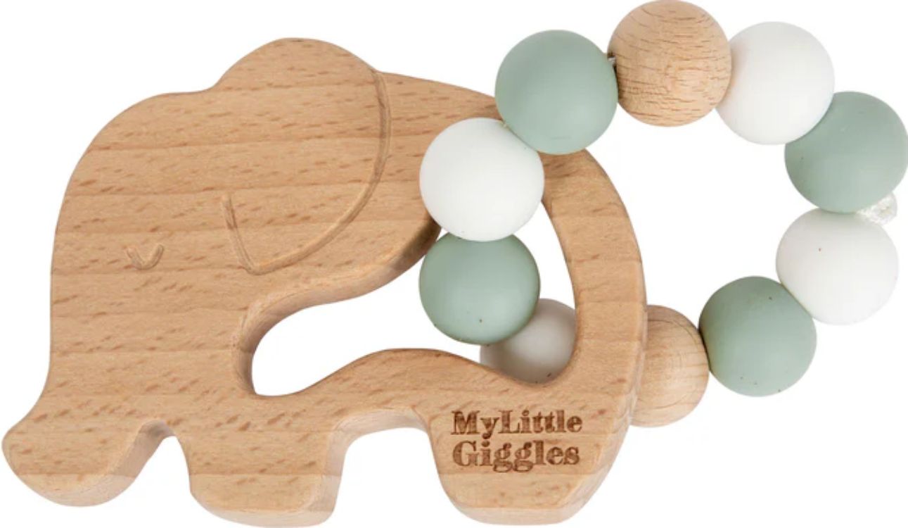 My Little Giggles Elwood Elephant Ring Teether - Sage - Brand New
