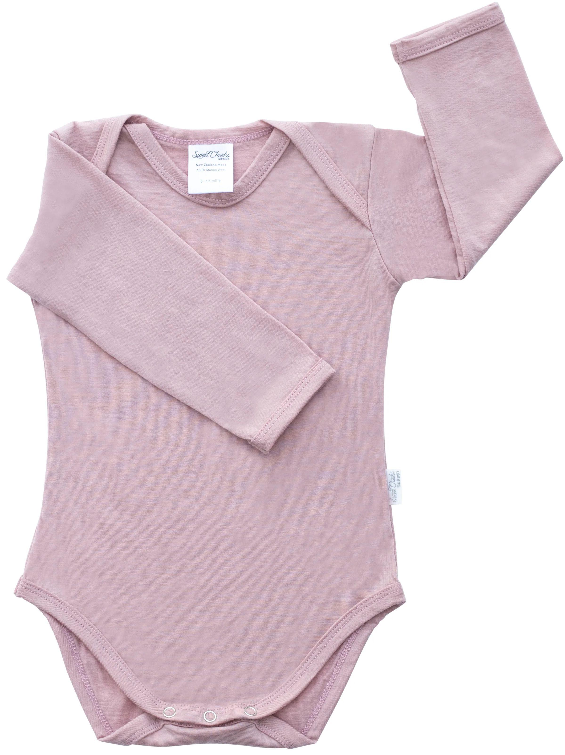 Sweet Cheeks Merino  Long Sleeve Merino Bodysuit - Blush - Over Stock - 3-6 Months